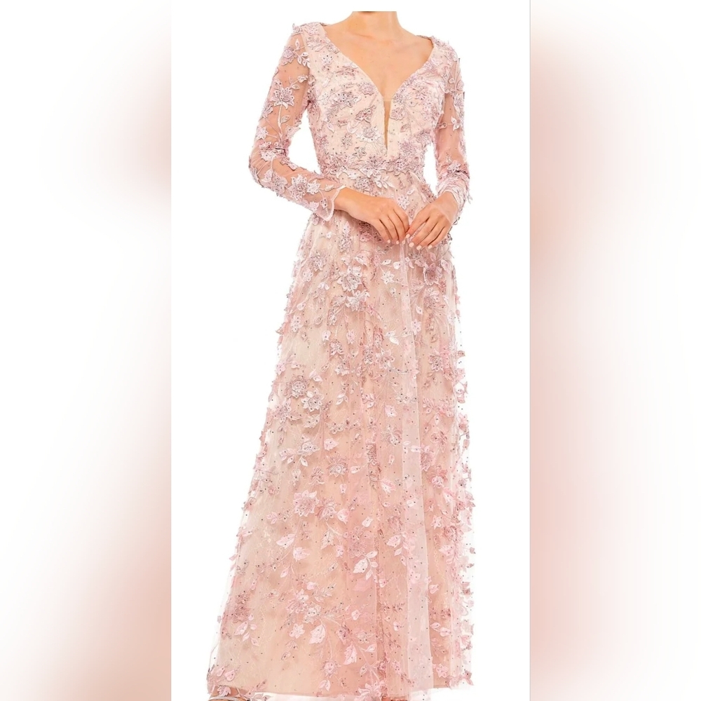Mac Duggal Blush Floral Lace Maxi Dress